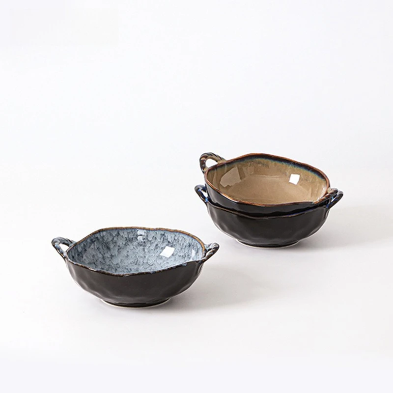 

High Aesthetics Ceramic Bowl Irregular Design Double Ears Heatproof Noodle Soup Bowl