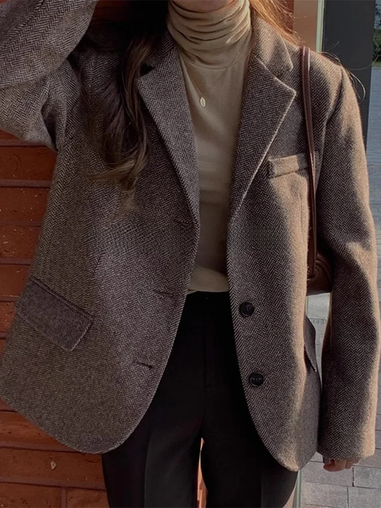 

ROUJE KEFSS Women's Loose Woolen Suit Jacket Casual Thickened Cotton Lined Autumn Winter Fashion Outerwear for All Body Types