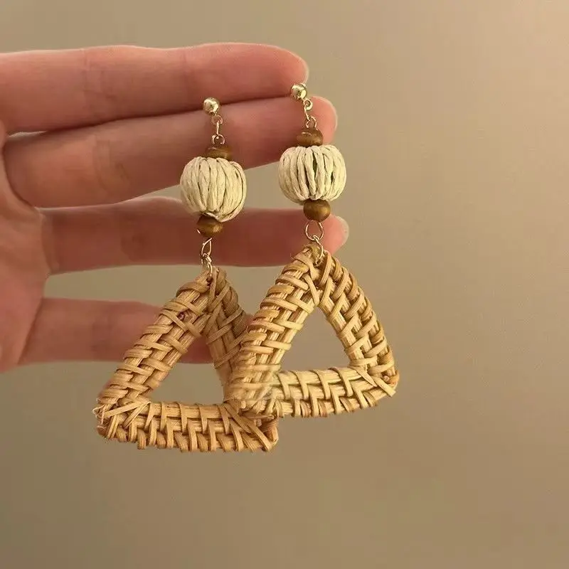 Bohemian Earrings Vacation Summer Beach Lafite-Straw Woven Style Handmade Pendant Earring Hand-Woven Ear Accessory Ornament Gift