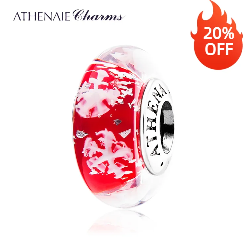 ATHENAIE Real 100% 925 Silver Core Snowflake Charm Murano Glass Bead Fit All European Bracelets Color Red Gift For Women Girl