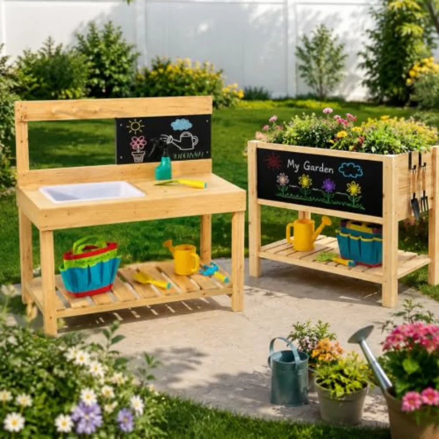 Garden Play Set: Wooden Potting Bench And Raised Planter Bed Combo In Natural Wood Color, Eco-Friendly Durable Pine, Perfect Fo