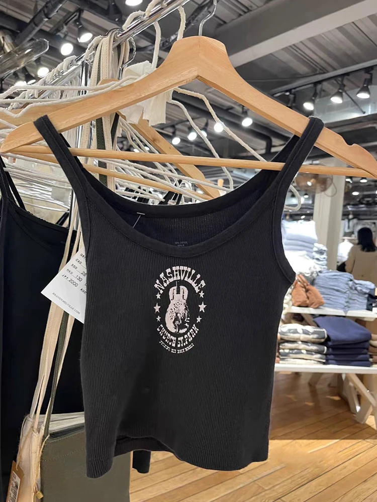 

Guitar Graphic Ribbed Cotton Tank Tops Women Casual Summer Black Sleeveless Slim Crop Top Femme Y2k Streetwear Vintage Vests