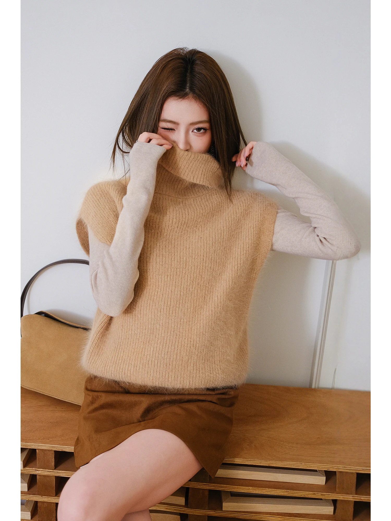 

Loose High Collar Svel Knitted Vest Top Inner Wear Two Piece Set MIUCO Lazy Sle Base Layer irt Sweater Combo