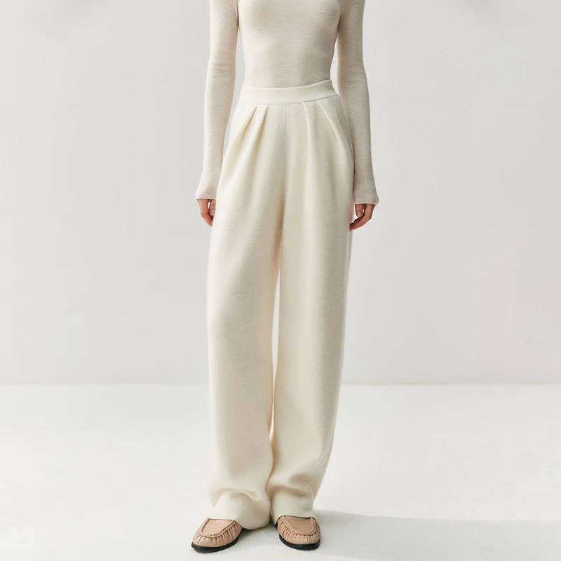 100% Pure Cashmere Wide Leg Pants Women Autumn Winter Soild Thick Warm High Waisted Pocket Versatile Knit Trousers Office Lady