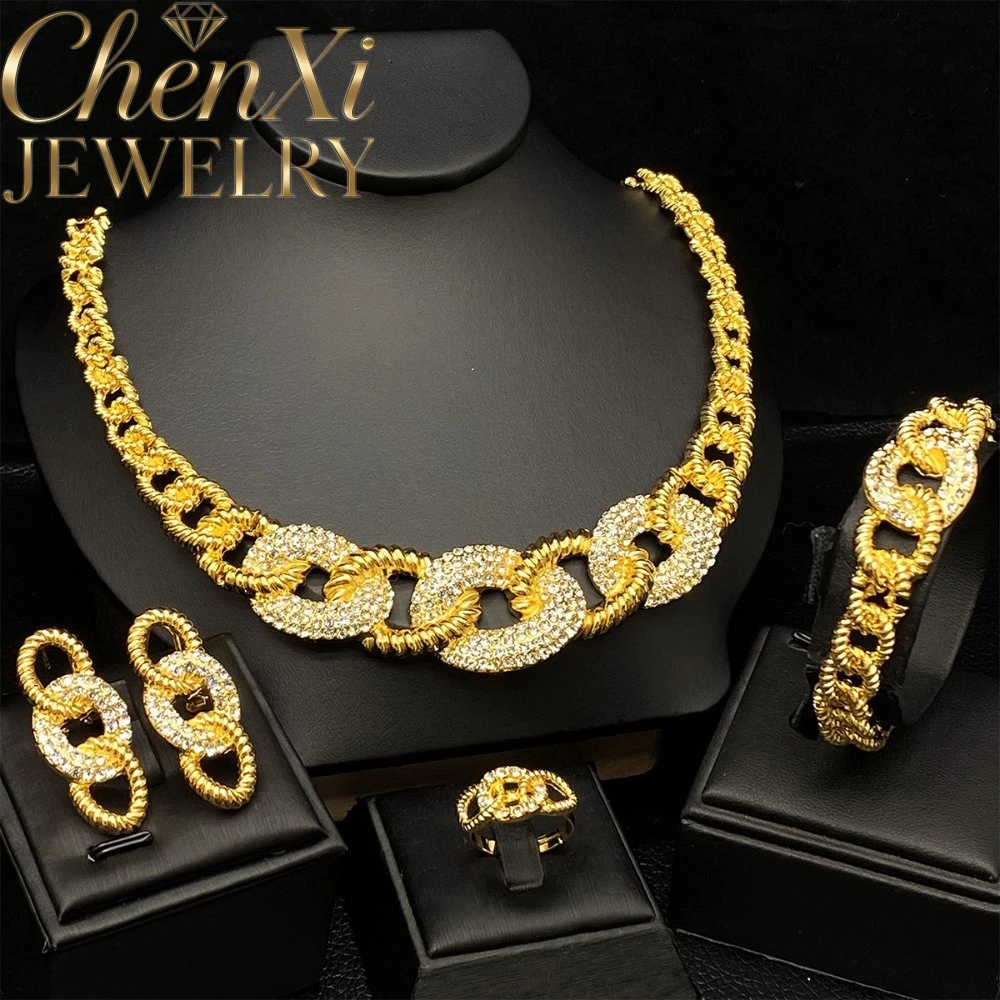 High-End Luxury Alluvial Gold Elegant Fashion Popular Jewelry Set Women Wedding Party Banquet Necklace Earrings Ring 4pcs Gift