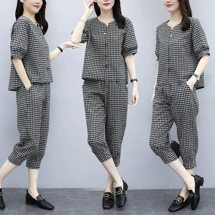 Mother's Clothing Summer Women's Clothing Cotton Plus Size Belly Cover Thin Casual Fashion Two-Piece Set