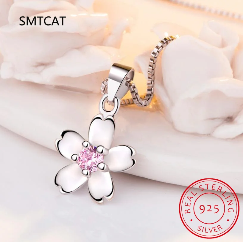 925 Sterling Silver cherry blossom Necklaces & Pendants For Women Fashion Lady Festival Gift Sterling-silver-jewelry