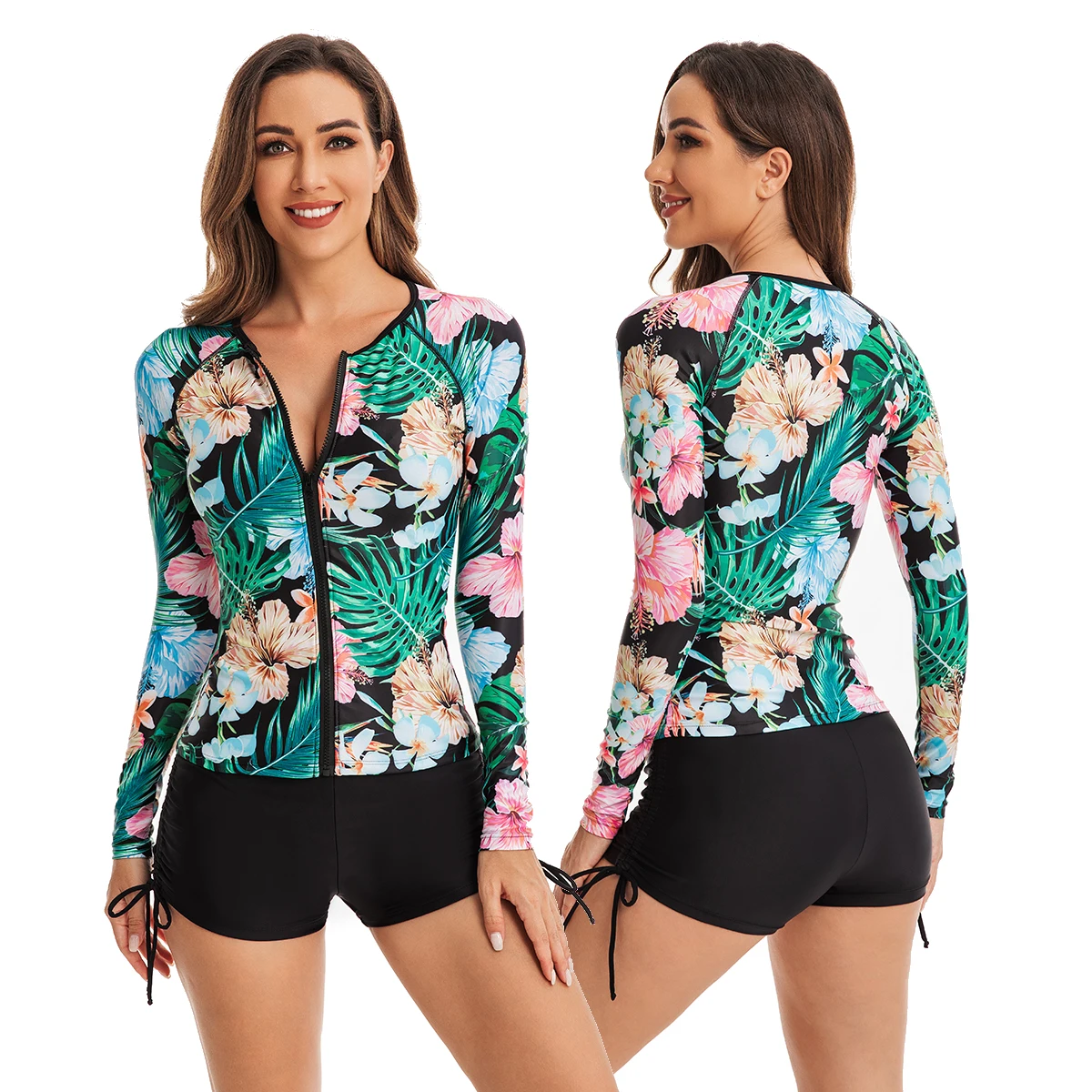 Women Two Piece Rash Guards Long Sleeve Swimsuit Swim Shirt with Shorts Modest Bathing Suit Sun UV Protection Floral Printed