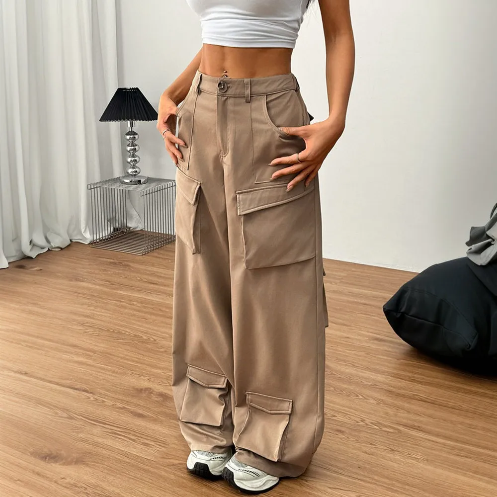 Casual Loose American Style Wide Leg Pants Women's Spring Summer New Cross-Border Cargo Pants High Waist Polyester Fiber