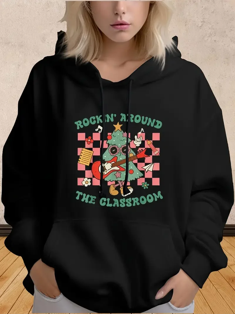 

Women's Plus Size Clothing Hooded Teacher Christmas Print Kangaroo Pocket Hoodie Casual Long Sleeve Drawstring Sweatshirt 550g