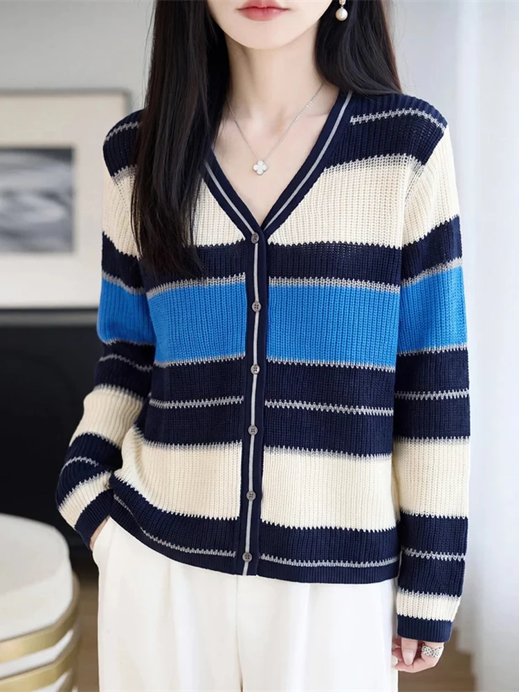 Premium Feel Striped V-Neck Knitted Open Cardigan Women Long Sleeve Fine Wool Loose Warm Thin Sweater Color Block Design
