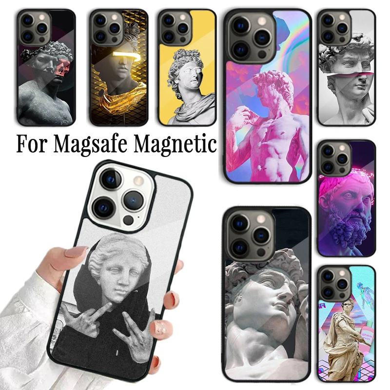 Phone Case For iPhone 16 15 14 13 12 Mini 11 Pro Max Plus Magsafe Magnetic Wireless Charging Cover Statue Vaporwave Glitch Art