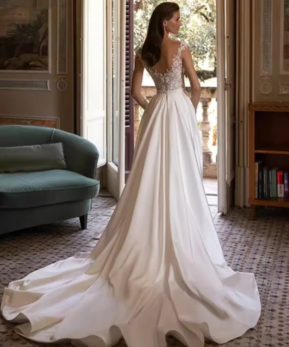 エレガントなサテンのウェディングドレスマーメイドスクープドレープ取り外し可能なトレイン花嫁ウエディングドレスレースアップリケブライダルドレスカスタマイズ