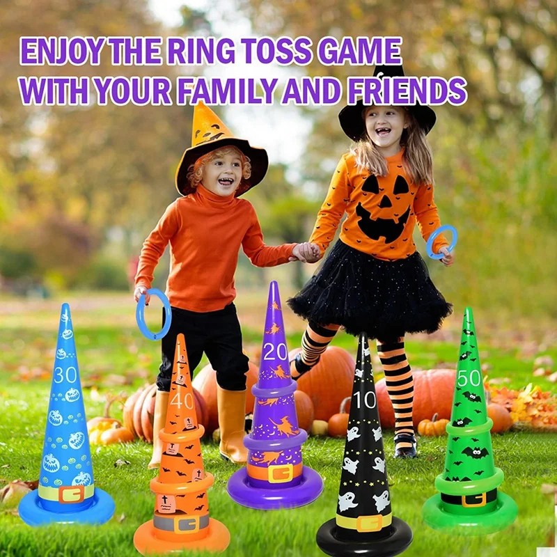 Juego de lanzamiento de anillo de sombrero de bruja inflable de Halloween con 10 anillos de inflado y 1 Bomba, juegos de fiesta de Halloween, juego de lanzamiento de anillo