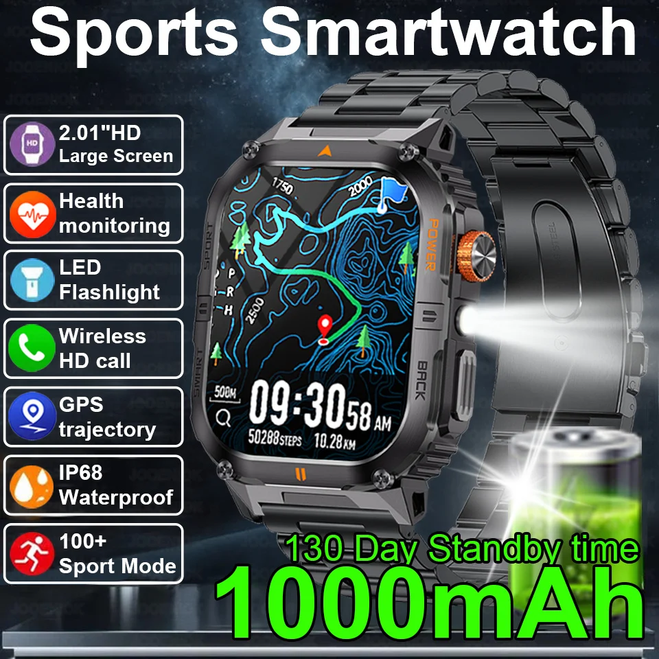 

New 1000mAh Battery Smartwatch BT Call Flashlight Wrist Watches Health 3ATM Waterproof Sports Smart Watch Men For IOS Android