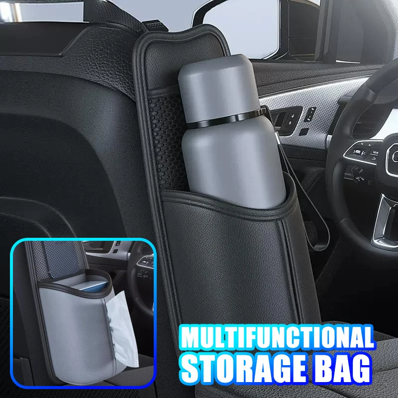 2 in 1 Car Storage Bag Wear-Resistant Pu Leather Seat Side Tissue Holder/Cup Holder Hanging Car Organizer Universal Storage Mesh