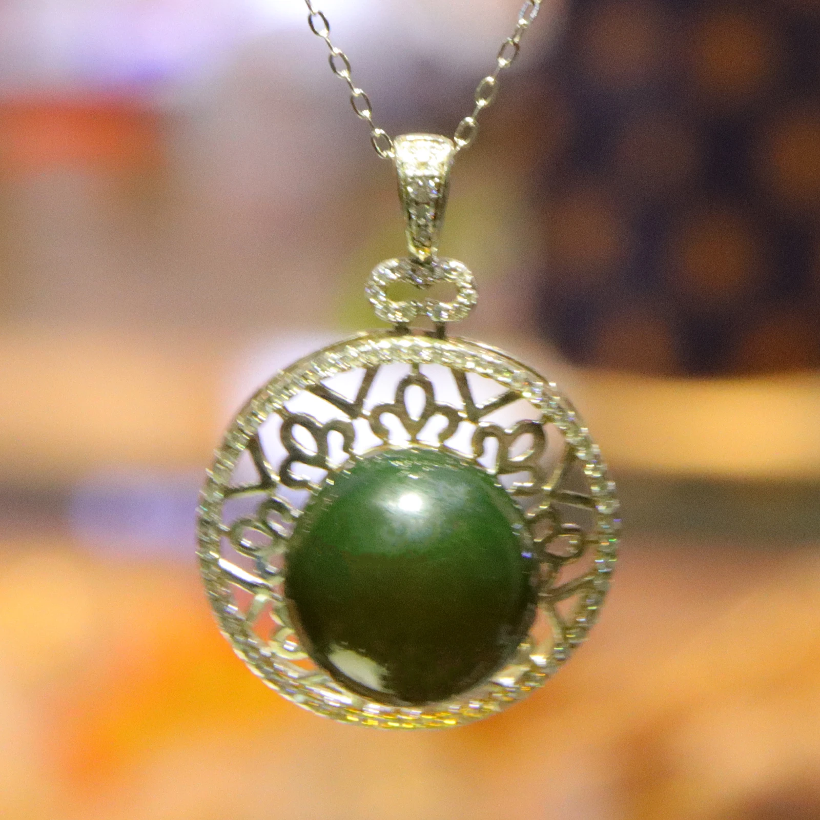 Pure Silver Pendant with Natural Mexican Blue Amber 14mm Round Filigree Hollow Carving Craft Includes Sterling Silver Necklace