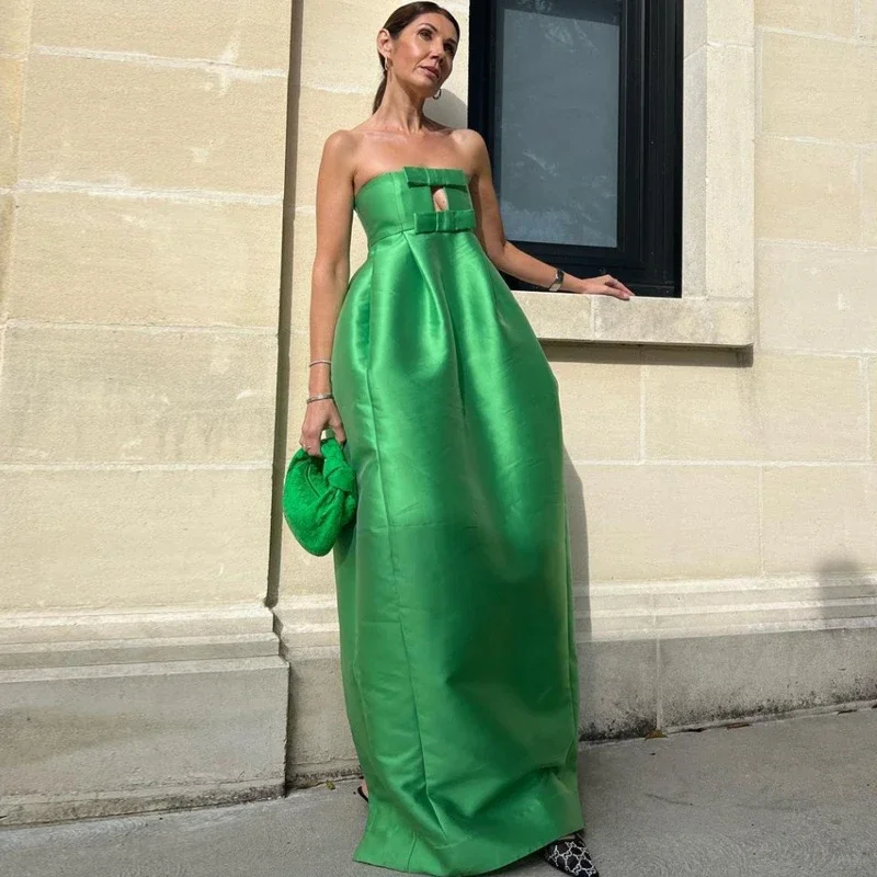 Strapless Straight Green Satin Evening Dresses Off Shoulder Clothing Elegant Evening Dress For Prom Custom Made Wedding Gowns