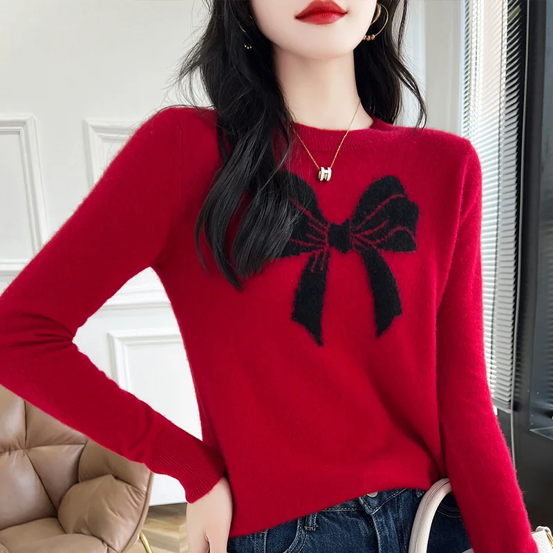 WOTEEWS  New 24 women's long sleeved pullover, pure wool knitted short style, women's O-neck wool sweater, comfortable and soft