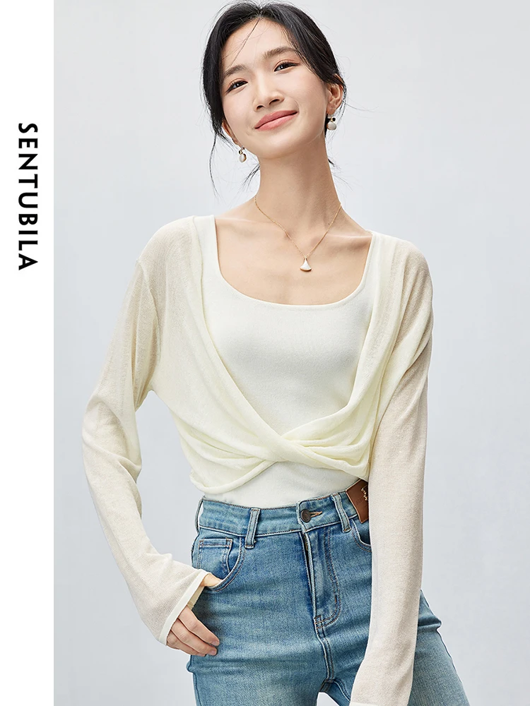 

SENTUBILA Casual Cropped V-neck Knitted Pullovers 2024 Summer Fashion Loose Thin Soft Long Sleeve Top Woman Clothing W42H55450