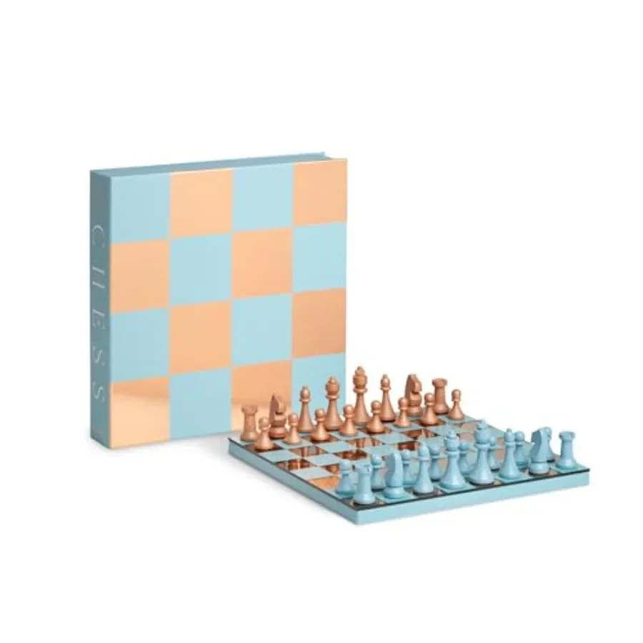 

Decorative Coffee Table Game: Wooden Chess Set with Mirrored Acrylic Board, Light Blue/Copper, FSC Certified Box