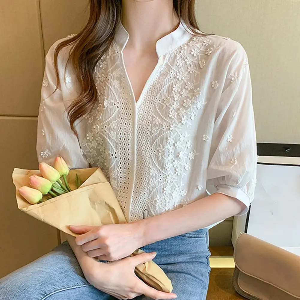 Summer Floral Embroidery Lace Blouse Fashion Women V Neck Casual Shirt Chic Short Sleeve Hollow Out Tops Elegant Workwear Soft