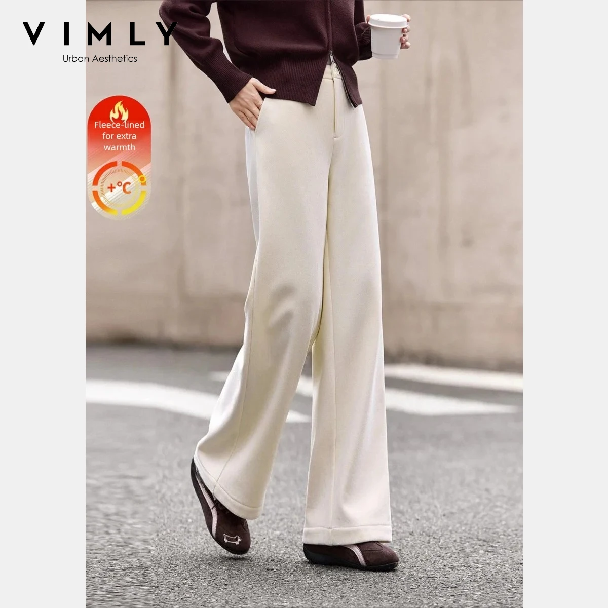 

VIMLY Casual Women's Long Pants 2025 Apricot Corduroy Fleece Lined Wide Leg Trousers Winter Warm Cozy Office Lady Clothing A3312