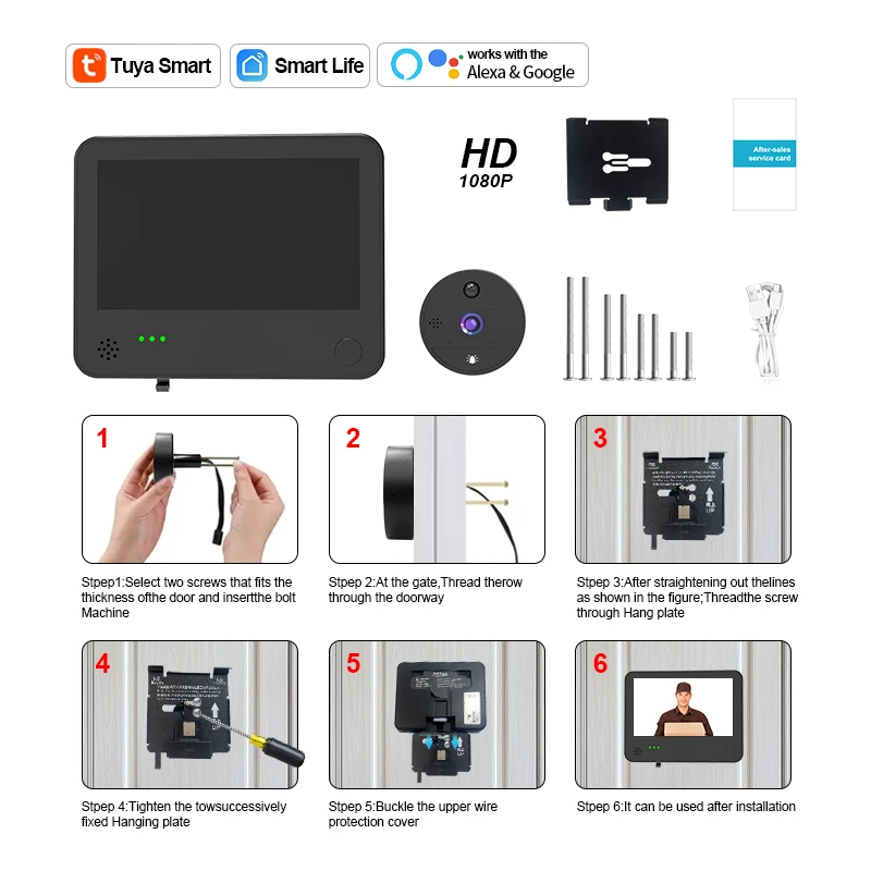 Timbre electrónico inalámbrico inteligente Tuya, control remoto por aplicación de 6000mah, videovigilancia de visión nocturna ultraclara de 4,3 pulgadas