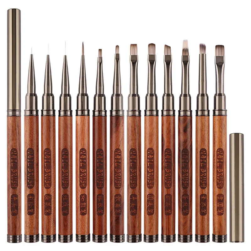 1/12개입 샌달우드 핸들 네일 드로잉 브러쉬 매니큐어 라인 페인팅 그라데이션 UV 젤 익스텐션 빌더 드로잉 펜