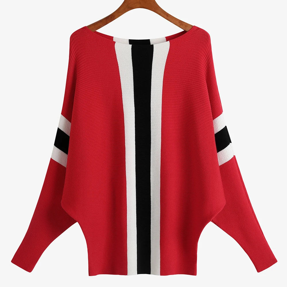 BHflutter Striped Print Color Block Sweater Women 2022 Batwing Long Sleeve Casual Loose Cotton Knitting Pulloverssueter mujer