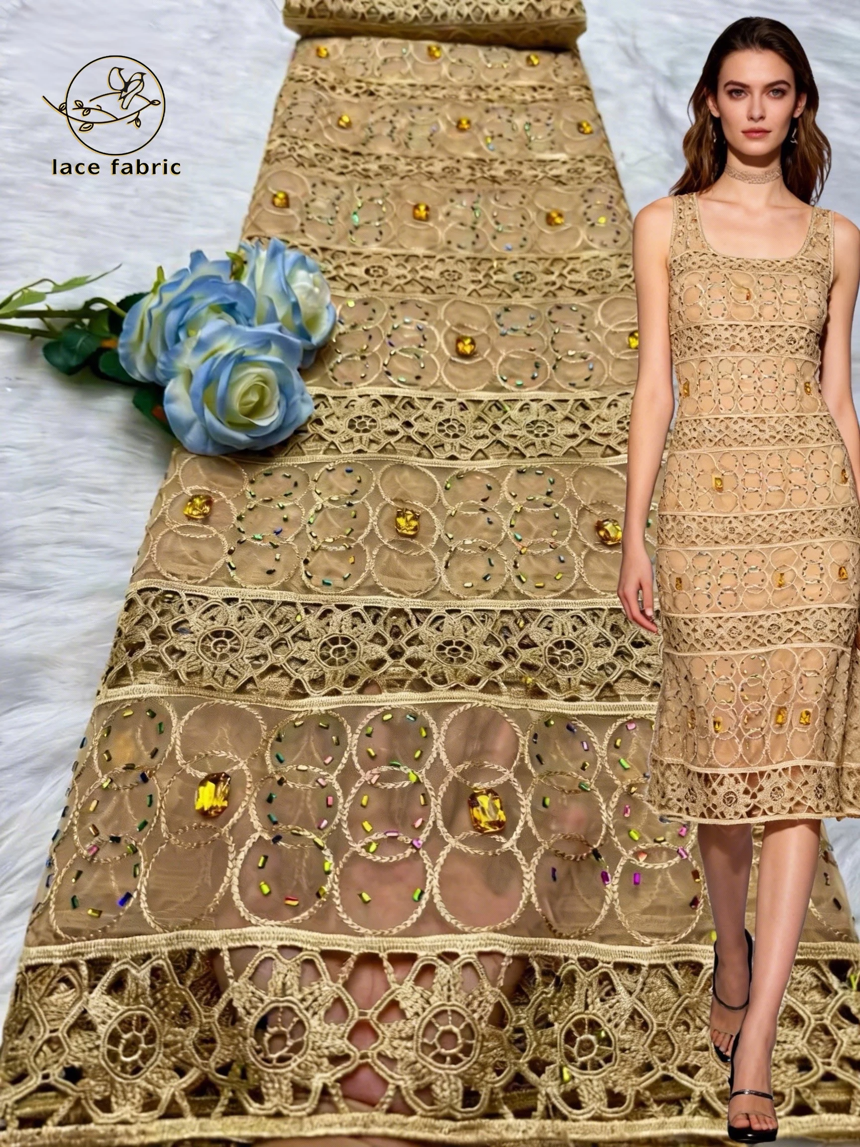 

5 Yards Nigerian Guipure Cord Lace Fabric 2026 High Quality 3D Stones African Mesh Milk Silk Embroidery Lace Fabric Women Dress