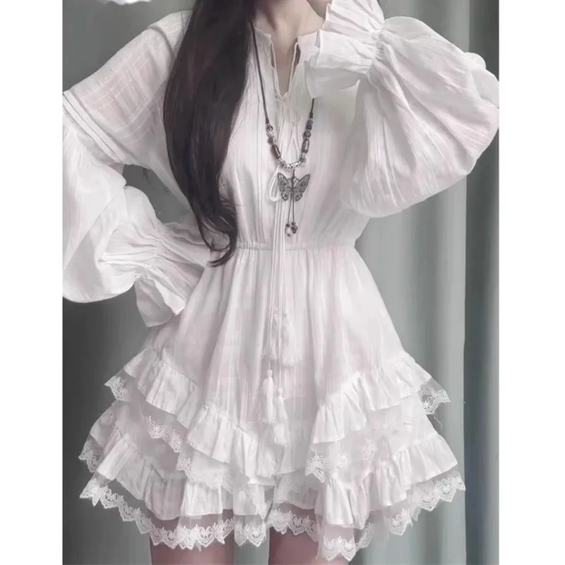 

Preppy Stylle Long Sleeve Dresses For Women Korean Fashion Spring White Lace A-line Skirt Female Dresses Trendy Clothes