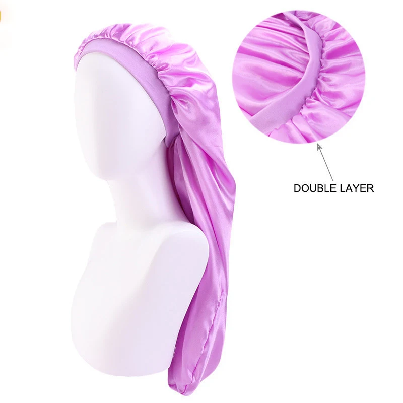 Chapeau tube long en satin à Double couche, casquette de soins capillaires de nuit, turban pour salon de beauté