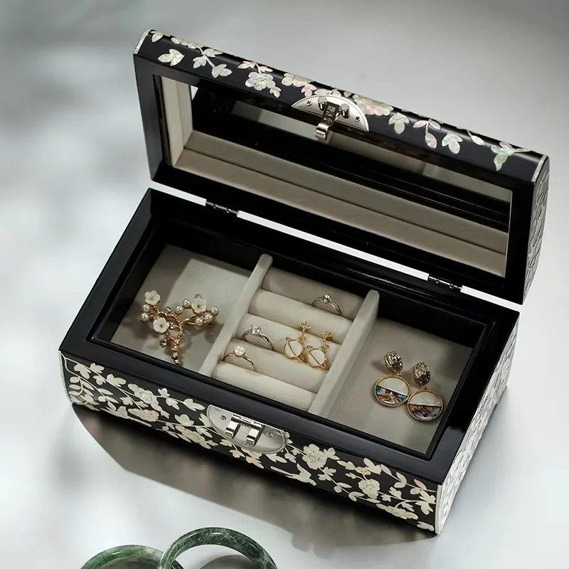 Lacquer Inlaid Lockable Jewelry Box Wedding Birthday Gift Handmade Storage for Necklace Earring Bracelet