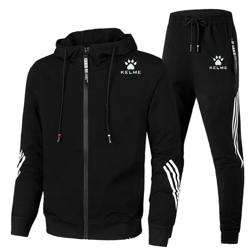 2024Brand KELME Men\'s Handsome Zipper Hoodie Set + 2pcs High Quality Casual Sweatpants Fashion Sport Men M-XXXL