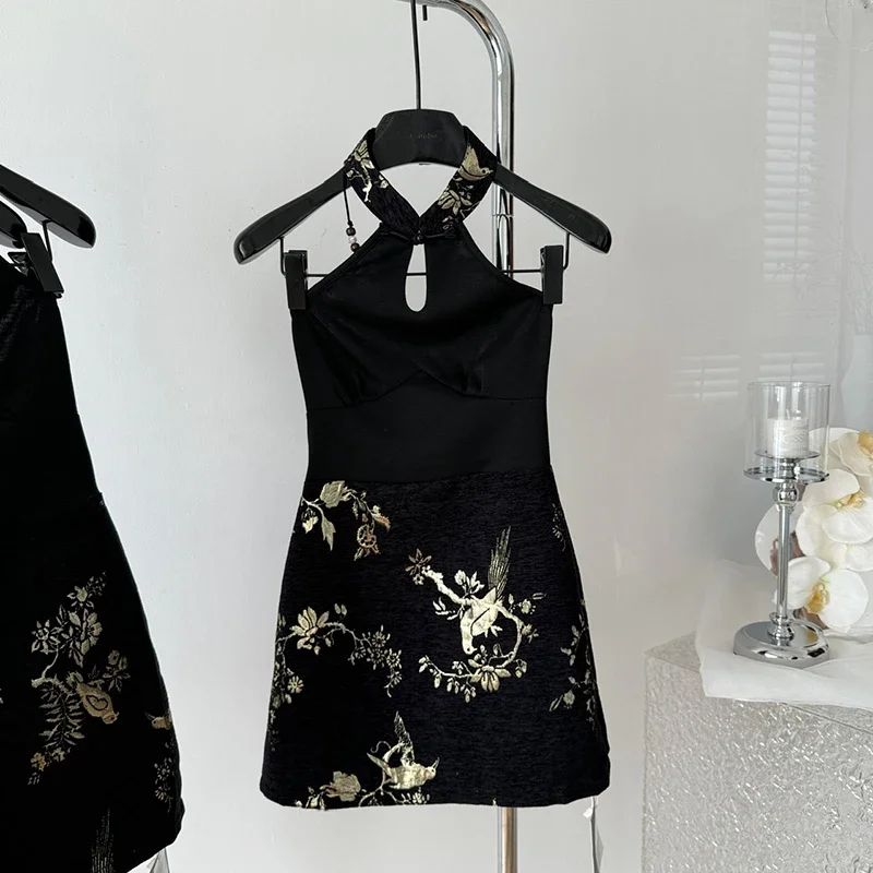 

Korean Y2K Elegant 2025 Neck Mounted Dress Female Summer Aesthetic New Dress Women Printing Sleeveless Temperament ede2e