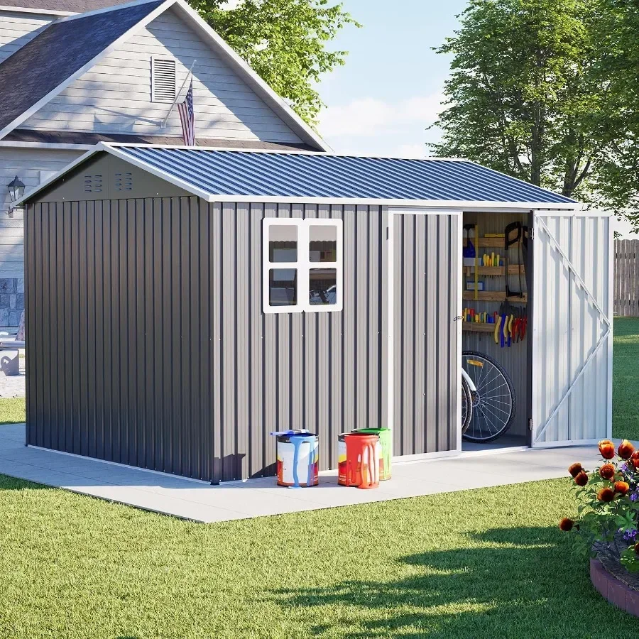 Backyard, Patio, Lawn Storage Shed: 8x10FT Galvanized Steel Outdoor Shed with Bright Window, Lockable Doors, Gray Color, Heavy-