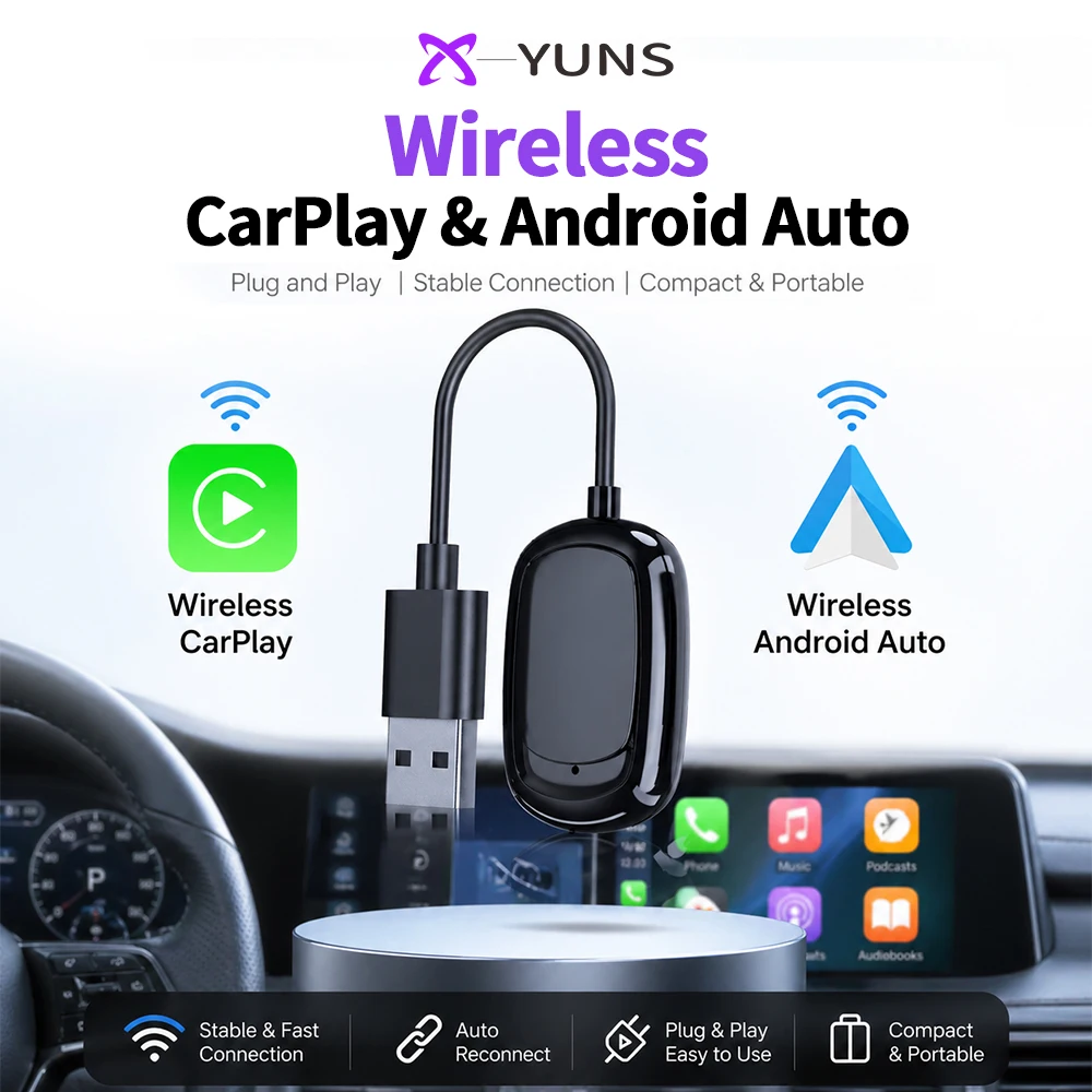 X-YUNS Mini 2in1 Wireless CarPlay Adapter&Wireless Android Auto Adapter Automatic Connection Plug&Play Type-C/USB For Radio