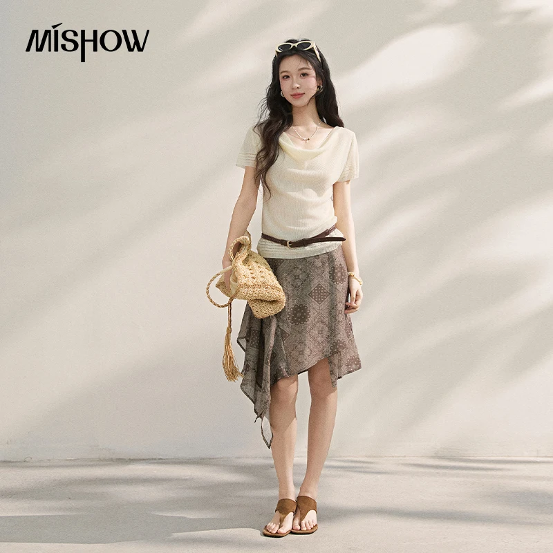 MISHOW Women Lyocell Knit Short Sleeve Top 2026 New Summer  Cowl Neck Hollow Out Soft Slim Tee Casual Elegant T-Shirt MXF16Z3032