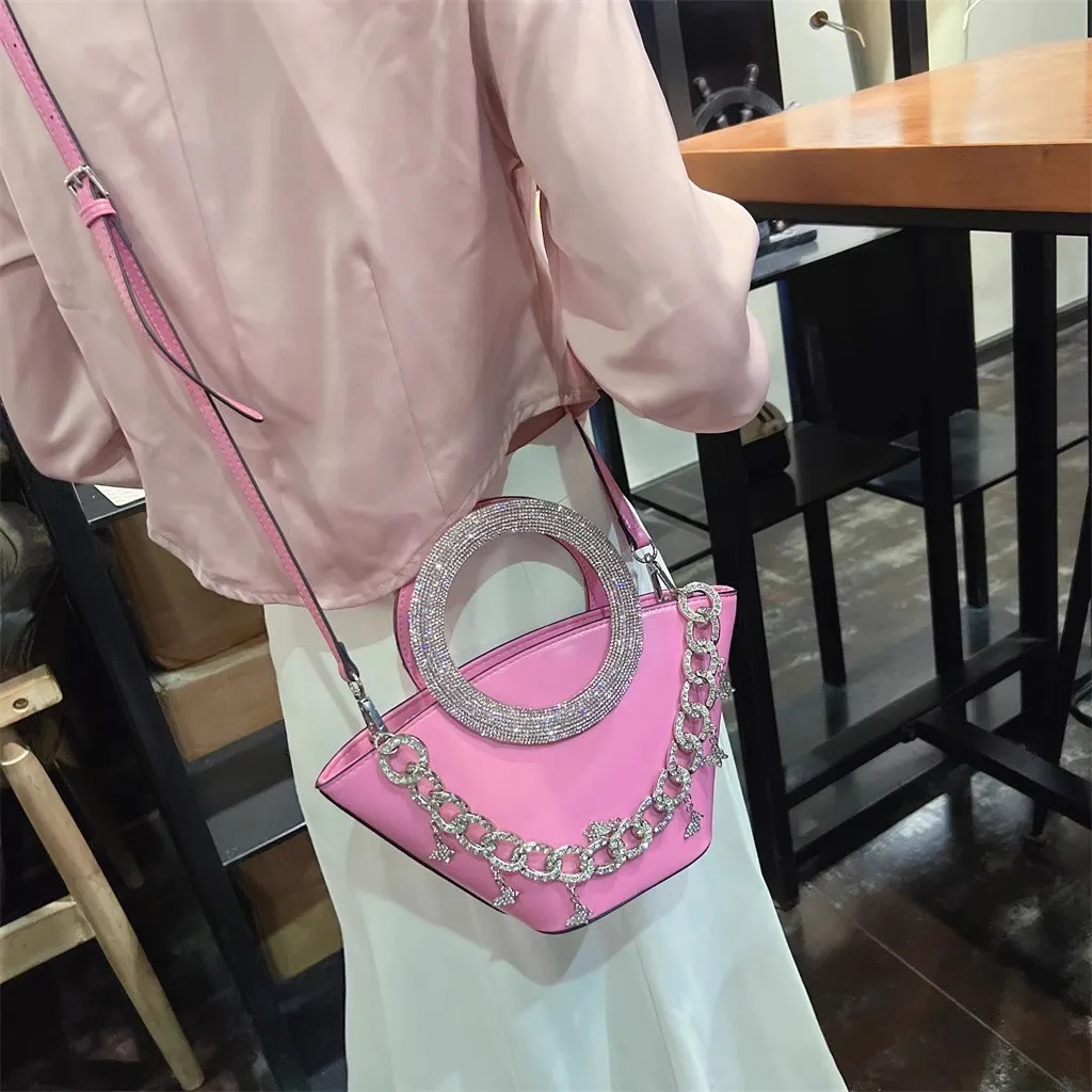 Glitter Diamonds Ring Handheld Bucket Bag Women's Handbag Luxury Evening Bag Wedding Party Clutch Purse Shoulder Messenger Bag