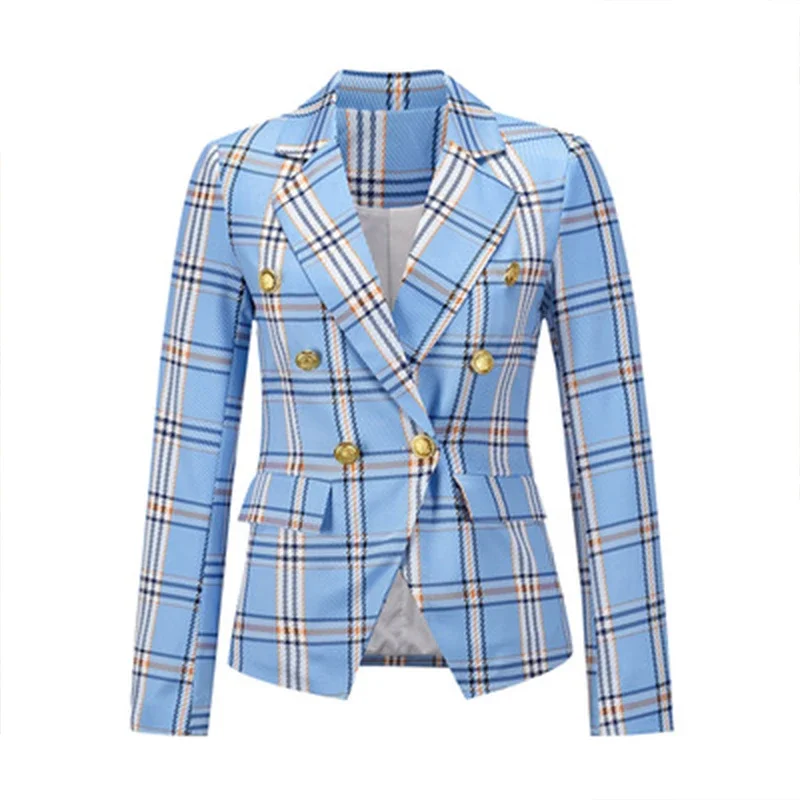 Plaid Blazer Jacke 2022 Herbst Frühling Frauen Kurze Mantel Langarm Slim Fit Kerb Kragen Elegante Büro Anzug Mantel Mit botton