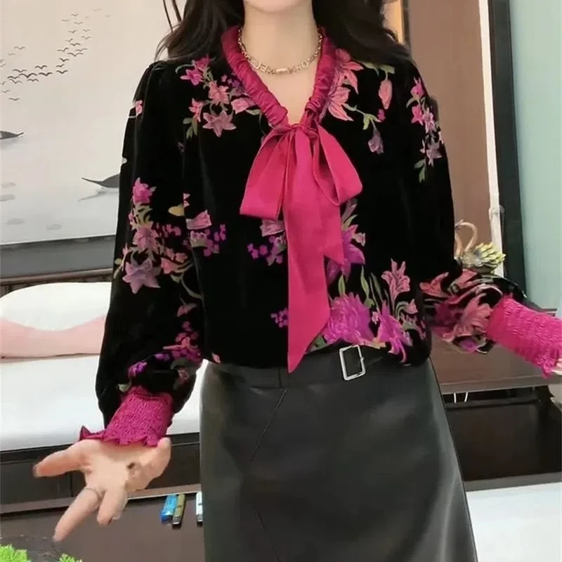 Bandage Bow Temperament Blouse Spring Autumn New Long Sleeve Print Contrast Elegant Shirt Tops Fashion Vintage Women Clothing