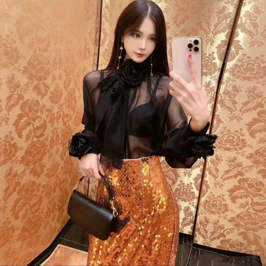 

Шелковая блузка ручной работы для женщин: сексуальная, прозрачная, с винтажным цветочным принтом, длинными рукавами, высоким воротником, на пуговицах, для осени