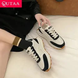 QUTAA 2023 Women Sneakers Outdoor Leisure Students Sports Thick Heels Mixed Color Lace-Up Shoes Woman Spring Summer Size 34-39