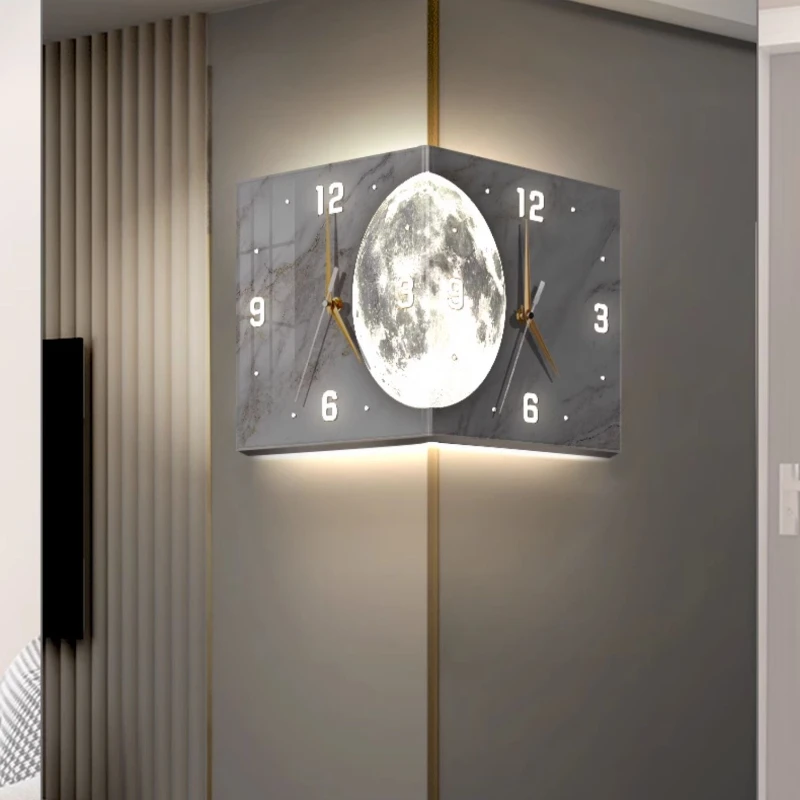 

2024 New Living Room Corner Double sided Luminescent Creative Clock Wall Light Moon Sun Corner Wall Clock No Punching