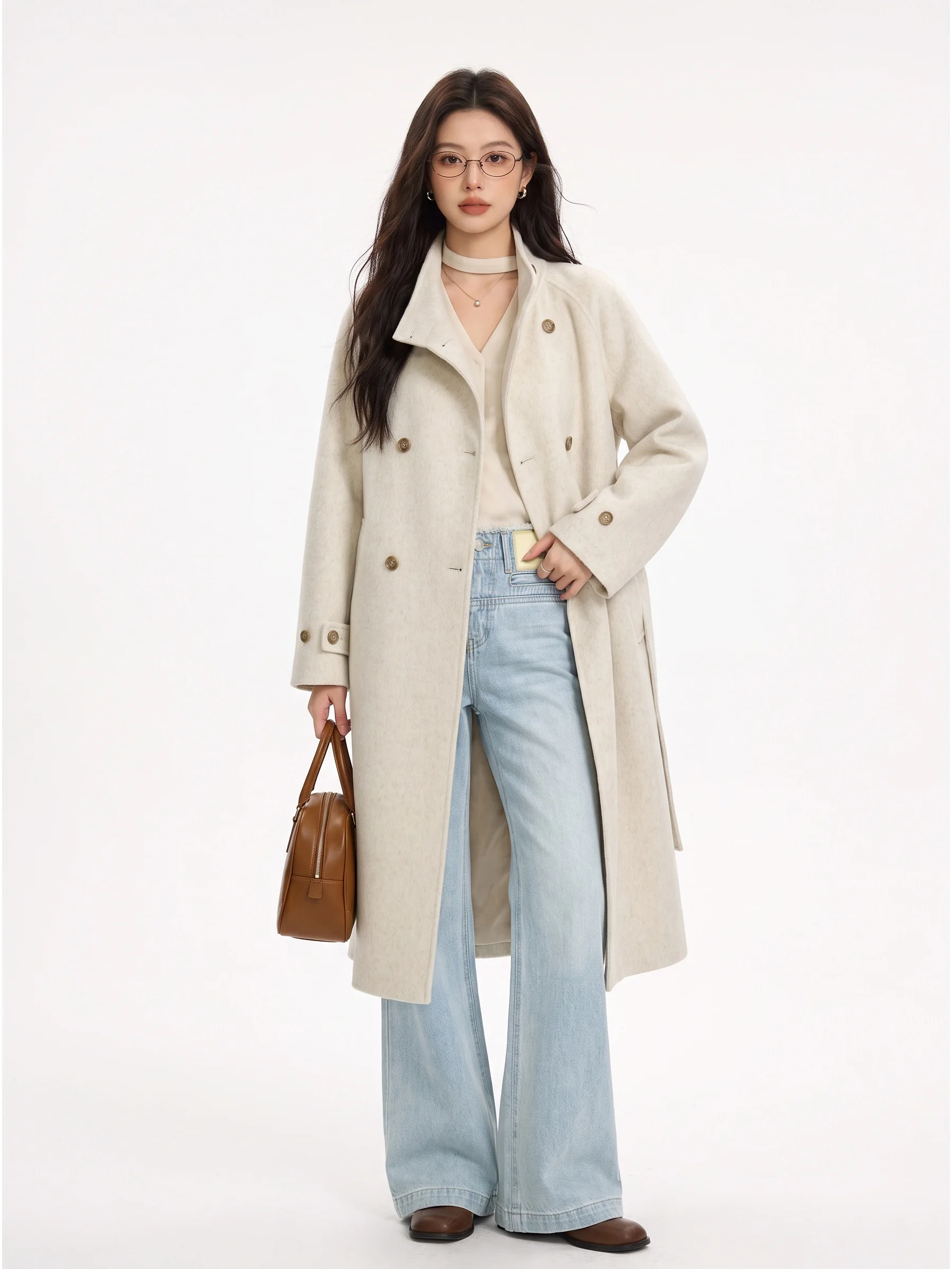 Elegant Double-Faced Woolen Coat Korean Style Long Stand Collar Double-Breasted Slimming Outerwear for Women Warmth Guaranteed
