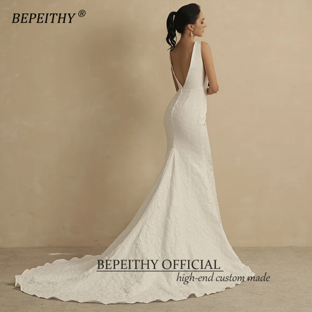 BEPEITHY Customized Deep Pearls V Neck Mermaid Wedding Dresses For Women 2023 Court Train Embossing Bridal Gowns Open Back New