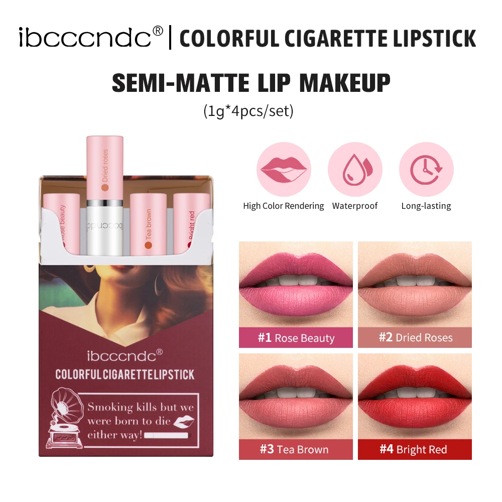 4PC Cigarette Lip Gloss Set Long Lasting Color Matte Finish Waterproof Non-Stick Cup 4 Color Cigarette Style Lipstick Makeup Kit