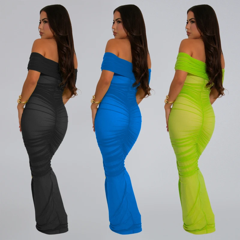 Robe longue froncée en maille pour femmes, Sexy, Patchwork, épaules dénudées, transparente, dos nu, moulante, Clubwear, été