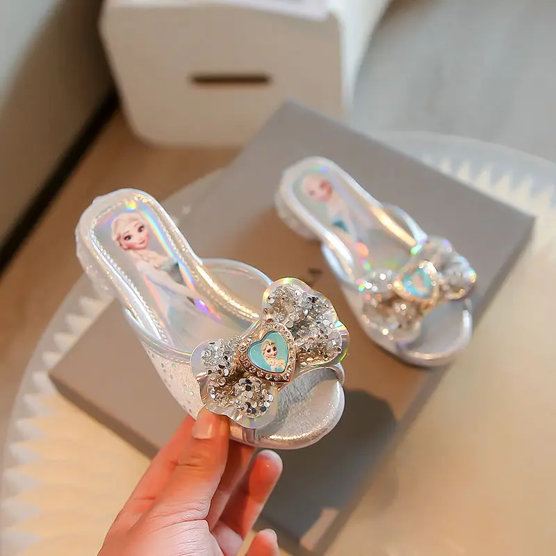 Disney-zapatos planos informales para niños y niñas, zapatillas de diseño de princesa Elsa de Frozen, de cristal, con punta redonda ostentosa, talla 26-36